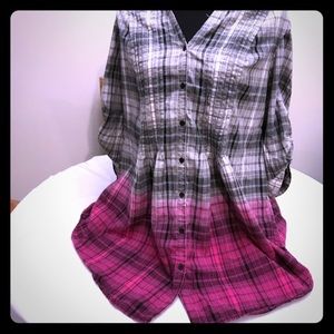 Lane Bryant Plaid Multicolor Button Top with Hood